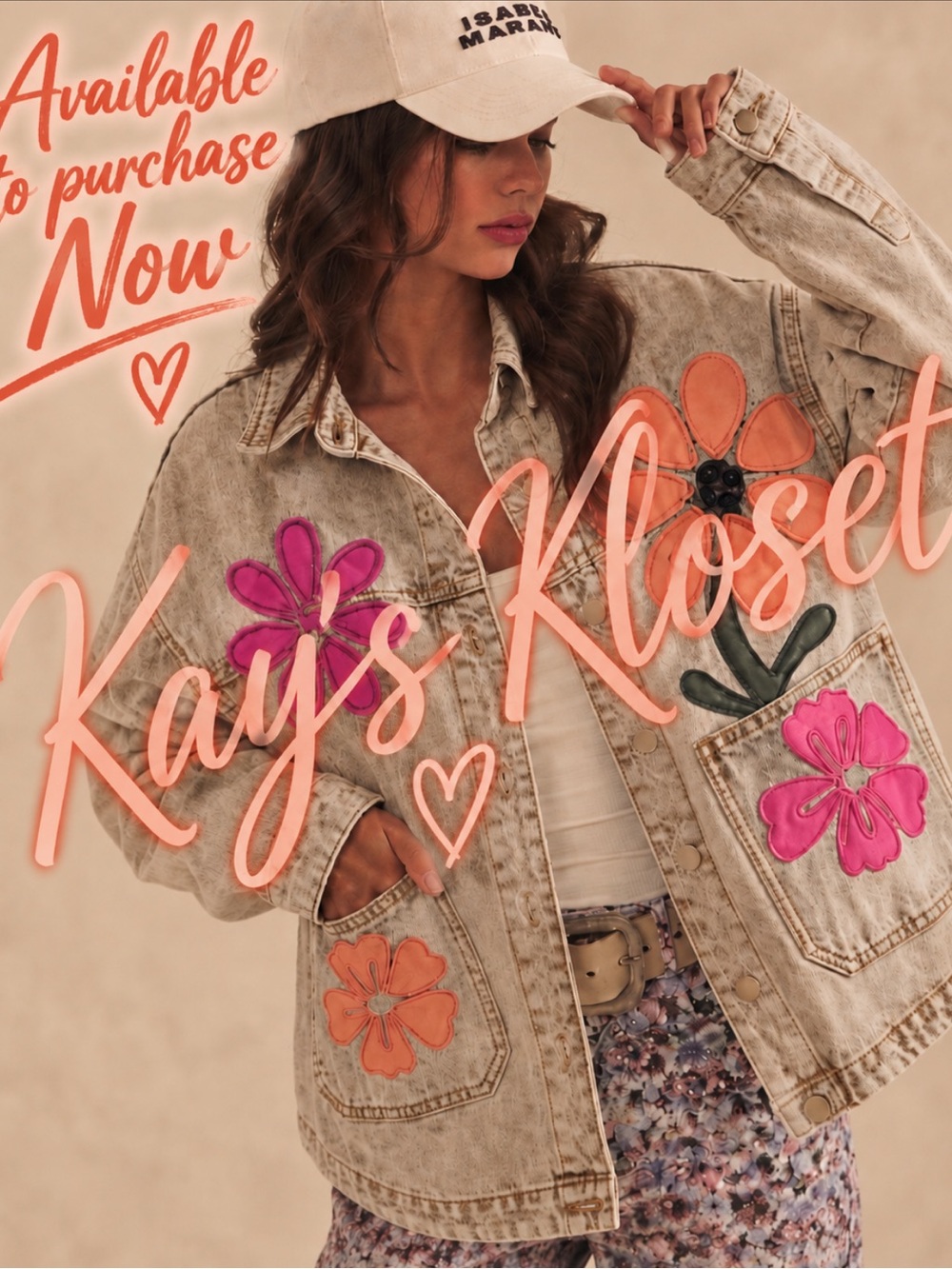 W89-🩷🧡🌸 (RESTOCKED&DISCOUNTED)
Vintage Beige Denim Jacket WITH Floral Appliqué